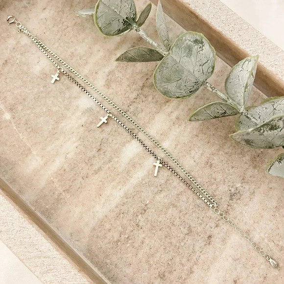 925 Sterling Silver Dainty Box Chain Bracelet Thin Dangle Cross Charm Bracelet - Picture 4 of 5